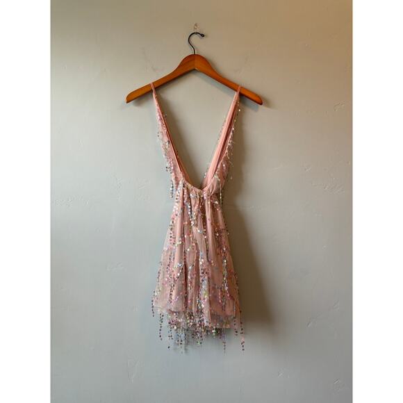 NWT Blush Tulle Dress with Multi-Color Sequin Accents A-line Deep V-neck - Picture 4 of 9